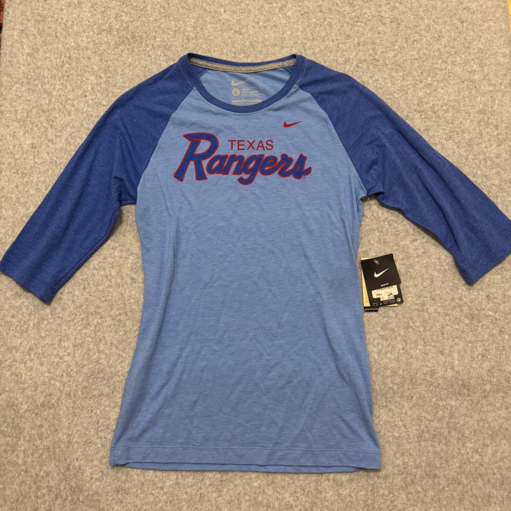 Nike Texas Rangers Womens Slim Fit 3/4 Sleeve Raglan Baseball Tee Blue Large NWT